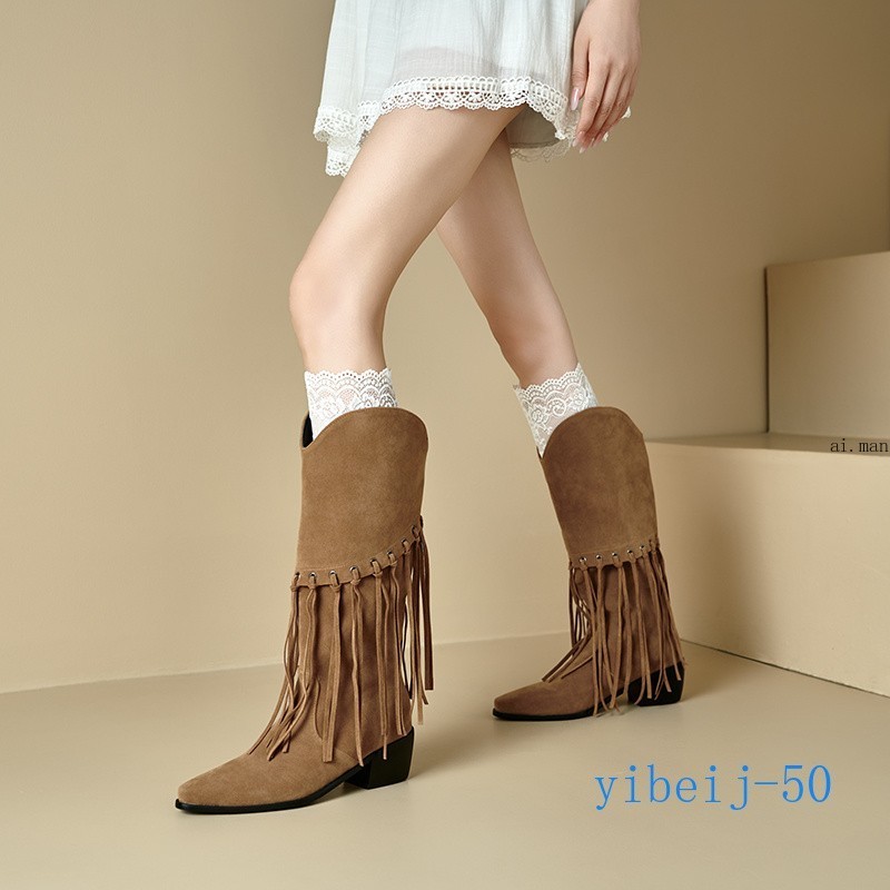 Women Tassel Mid Calf Boot Velvet Western Cowgirl Shoes Dress Formal Fall Winter