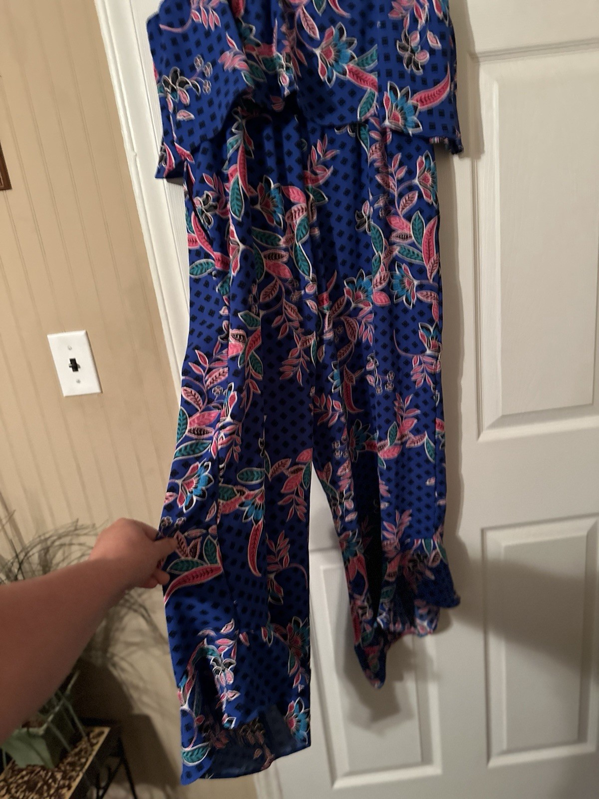 NWT Sugarlips Rayanne Indigo Floral Jumpsuit Strapless Ruffle Wide Leg Blue XL