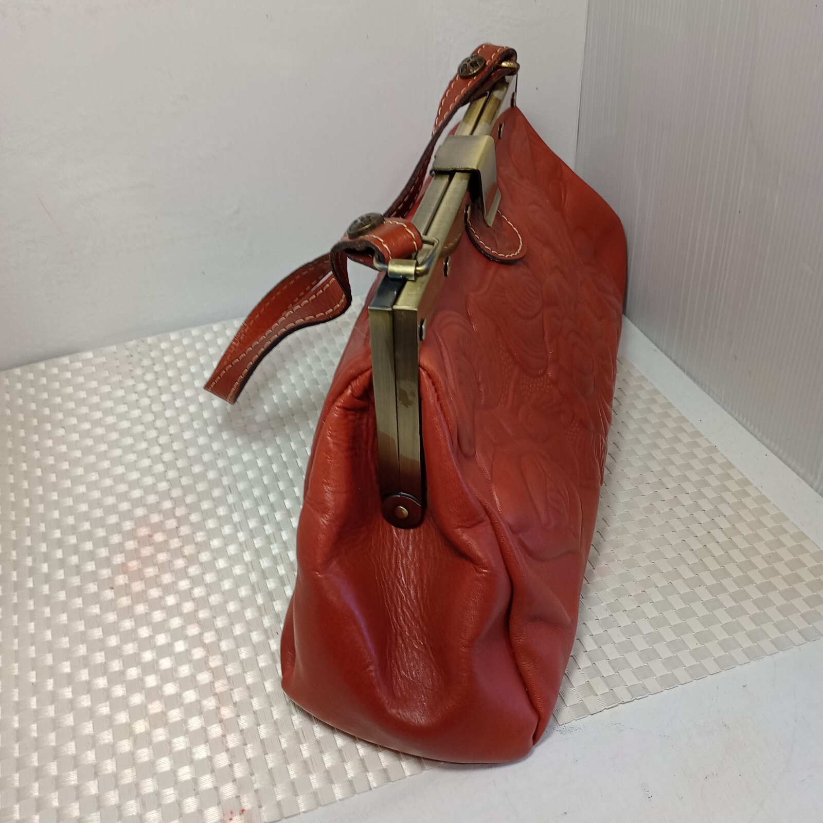 Patricia Nash Floral Embossed Cognac Leather bag Medium Brass Bottom Studs EUC