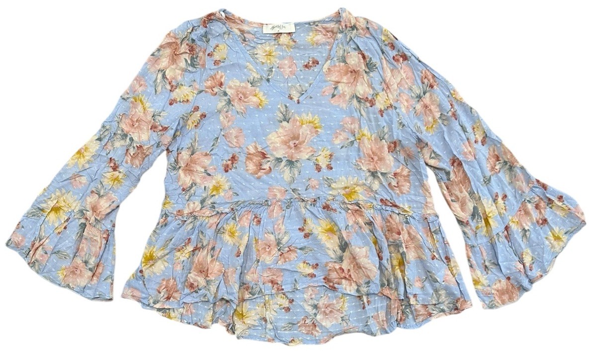 A Beautiful Soul Blouse Top Women’s Size A Blue Floral Peplum Bell Sleeve