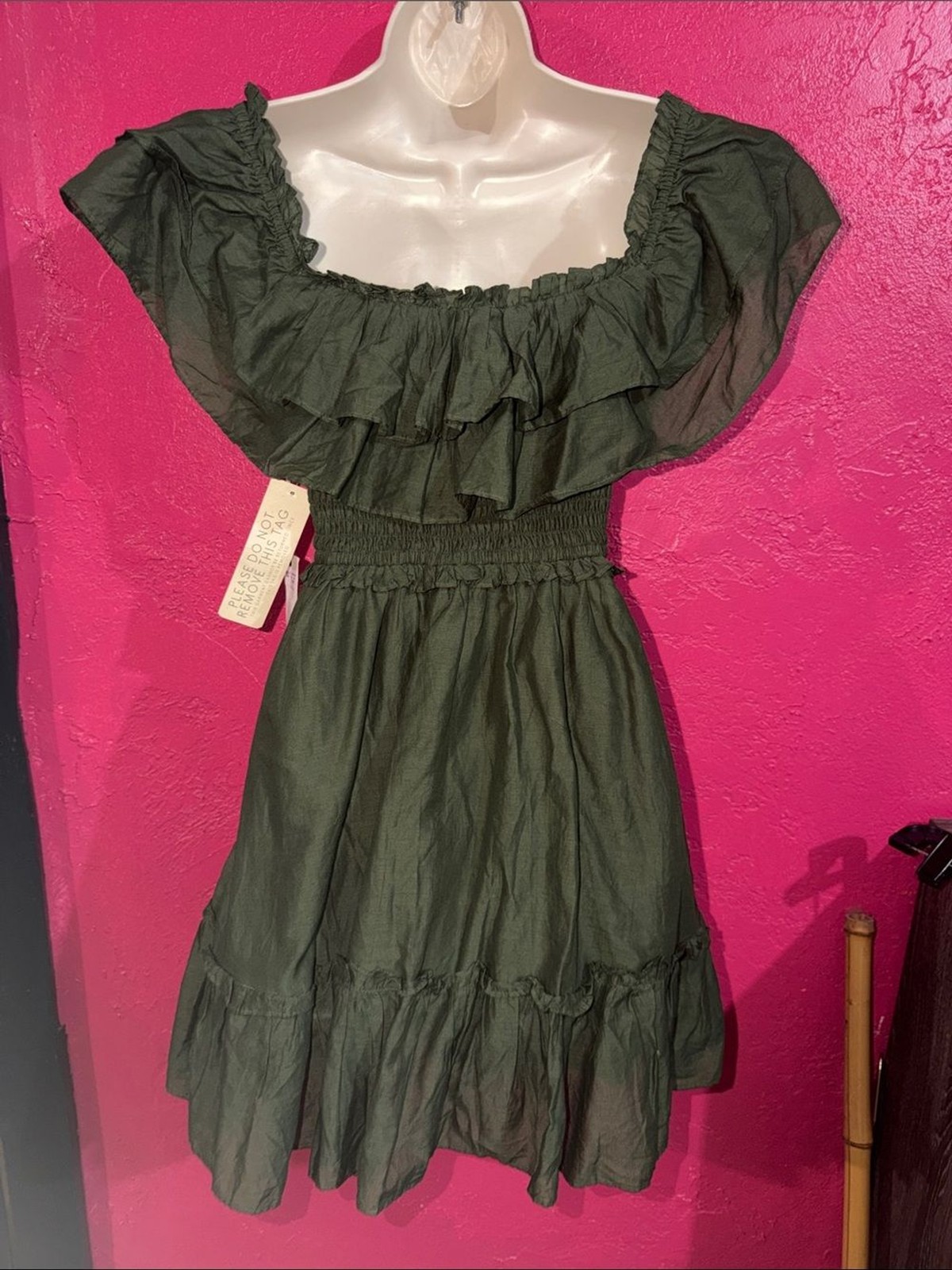 NWT Happy X Nature Olive 100% cotton ruffled smocked boho mini dress. Sz S