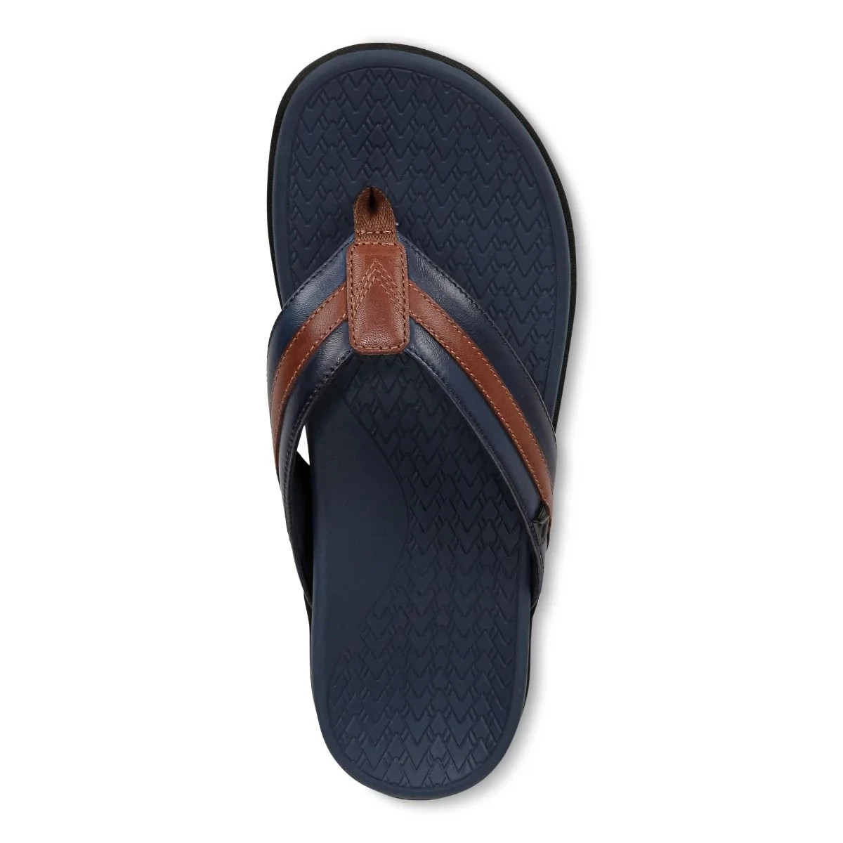 Vionic Tide II Men Toe Post Sandal Orthotic Flip Flop Navy Brown Leather New