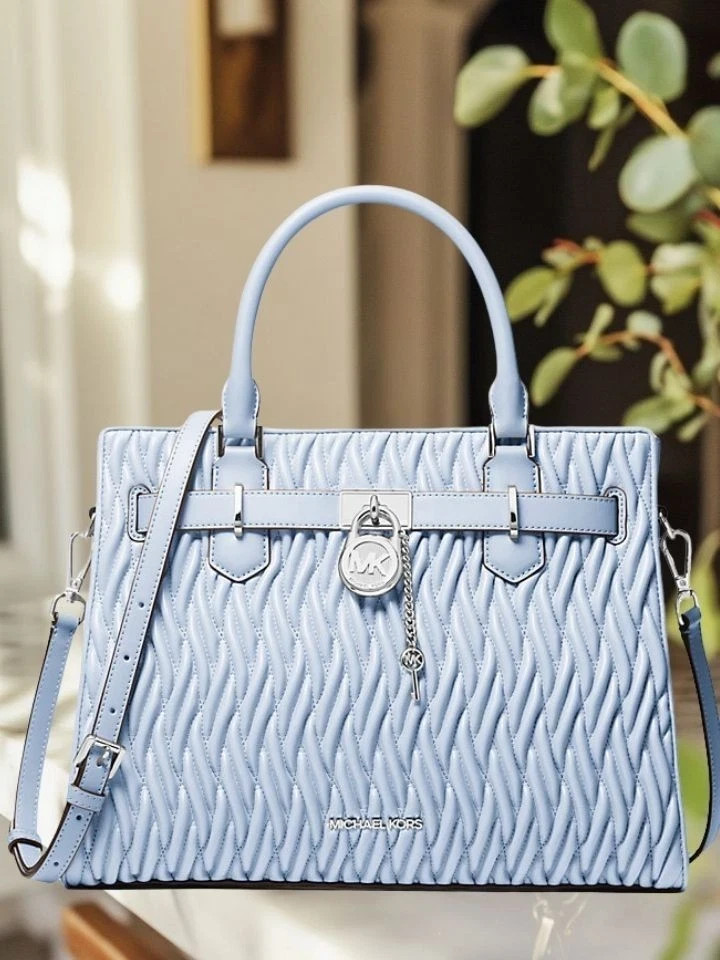 Michael Kors Hamilton Women Medium Matelassé Satchel Bag + Coin Purse Pale Ocean
