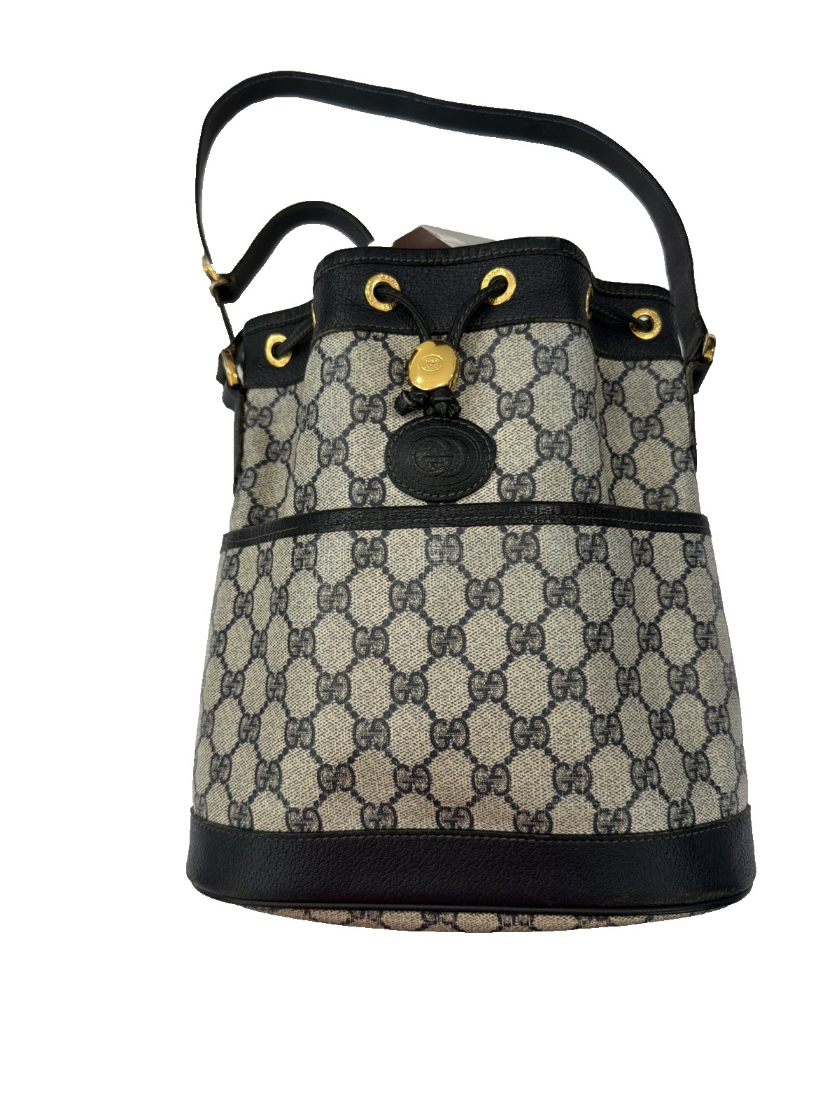 Vintage GUCCI Navy Blue GG Monogram Supreme Drawstring Bucket Bag Shoulder Purse