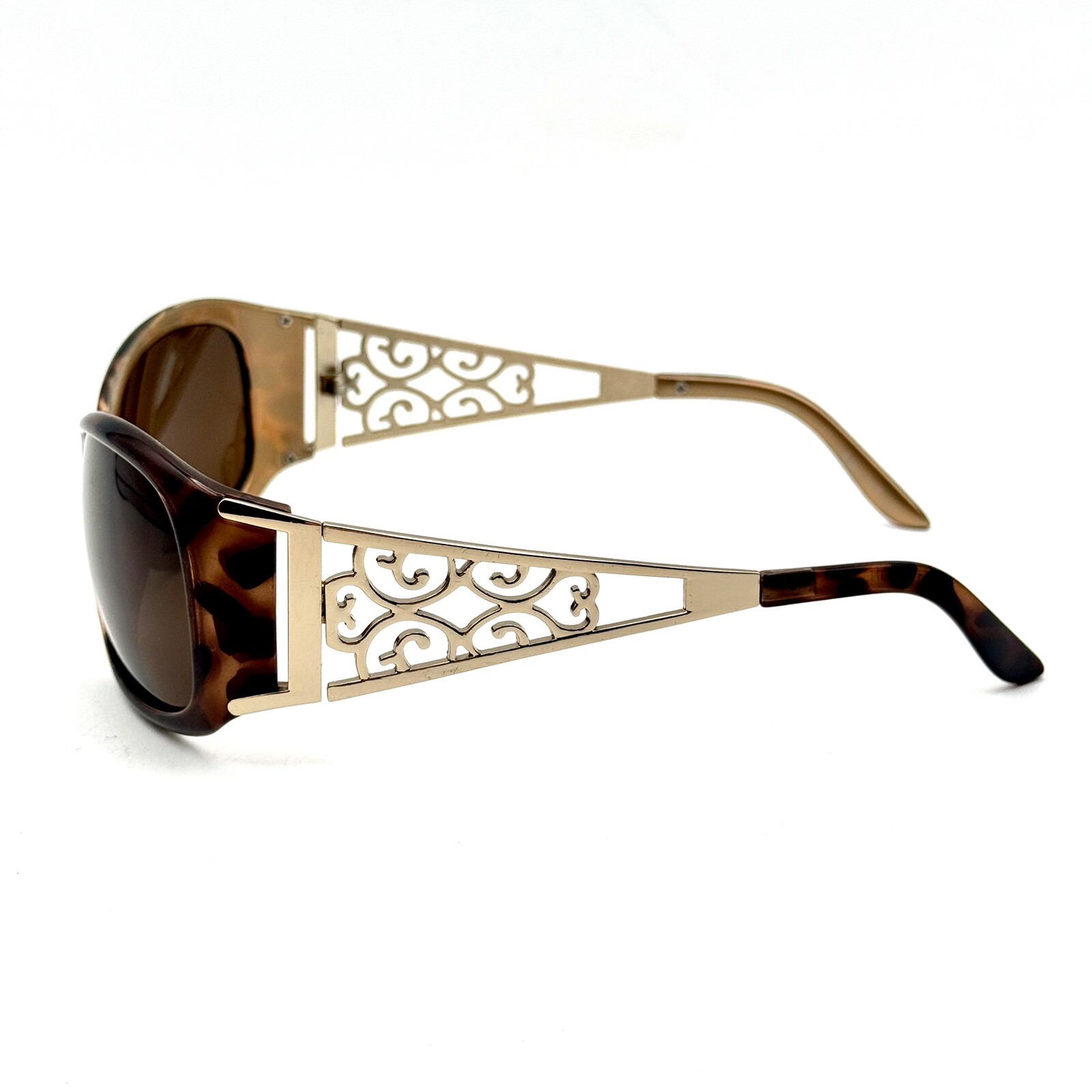 Fashion Oval Sunglasses Brown Tortoise Shell & Designer Ornate Frame Gold Metal