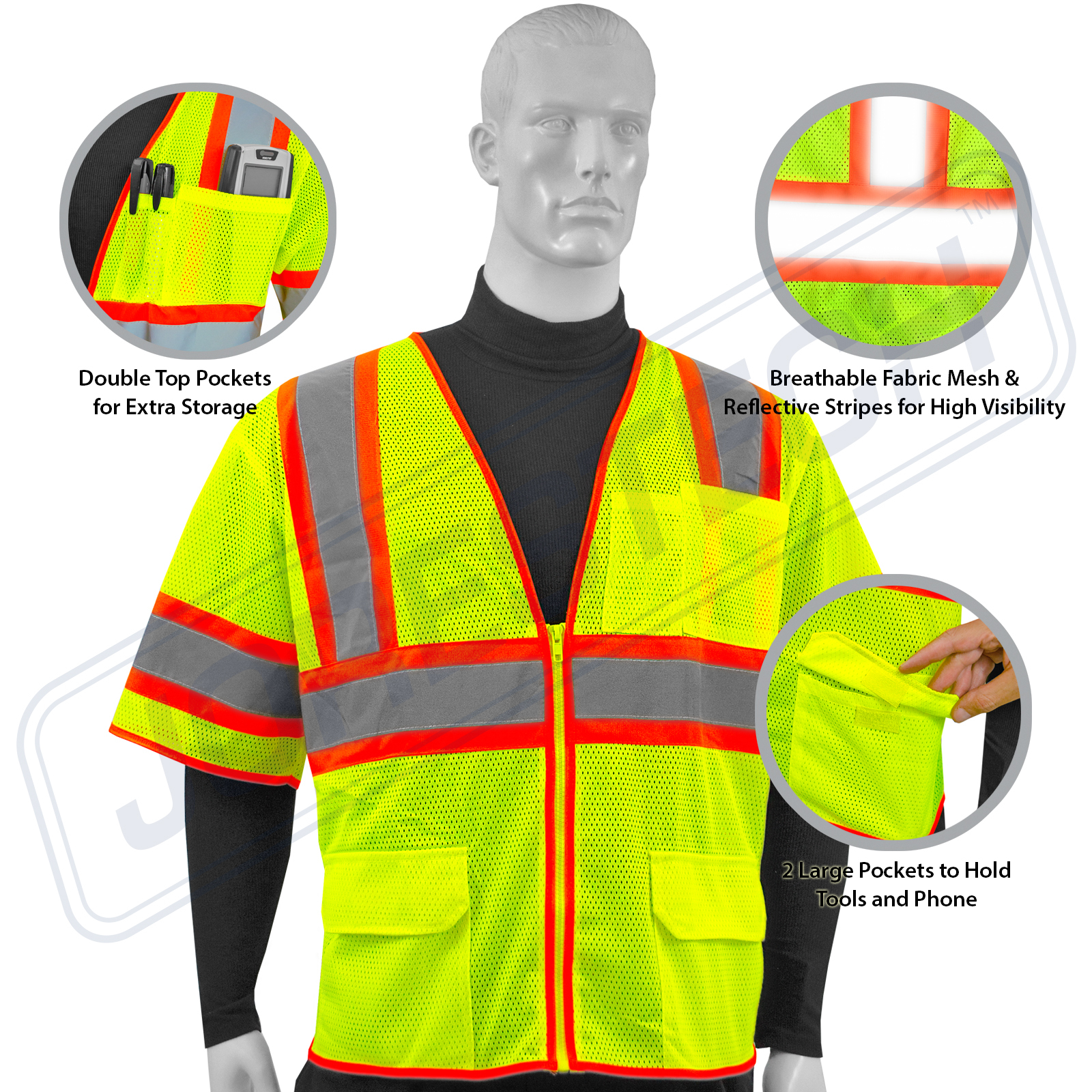 Hi Vis Safety Vest Reflective Sleeved Work ANSI Class 3, Pockets, Jorestech