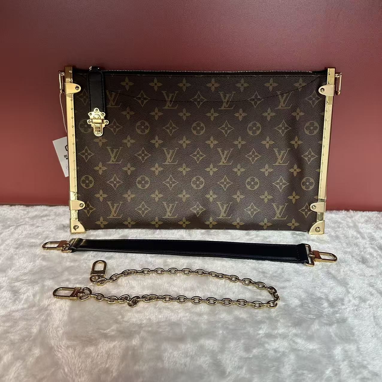 Auth Louis Vuitton Trunk Clutch Monogram Canvas Gold Hardware Crossbody Bag
