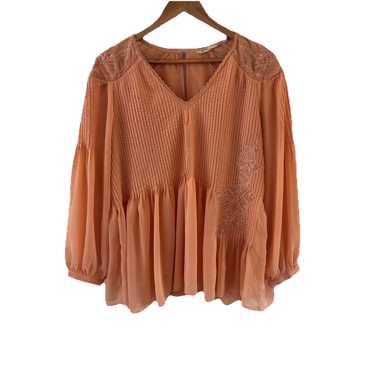 Soft Surroundings Carte Blanche Top M Peach Embroidered Chiffon Pleated Boho