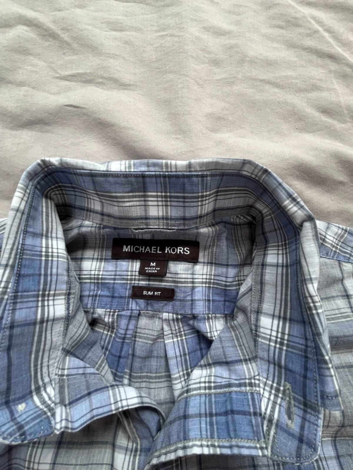 Michael Kors Men’s Blue Plaid Slim Fit Long Sleeved Button Up Shirt- Size M