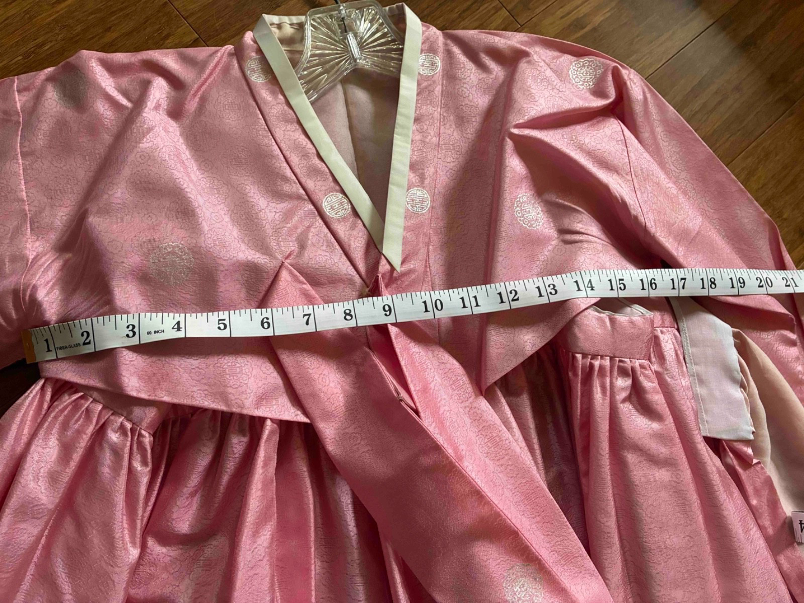 Vintage authentic Korean hanbok dress, pink with metallic silver, small