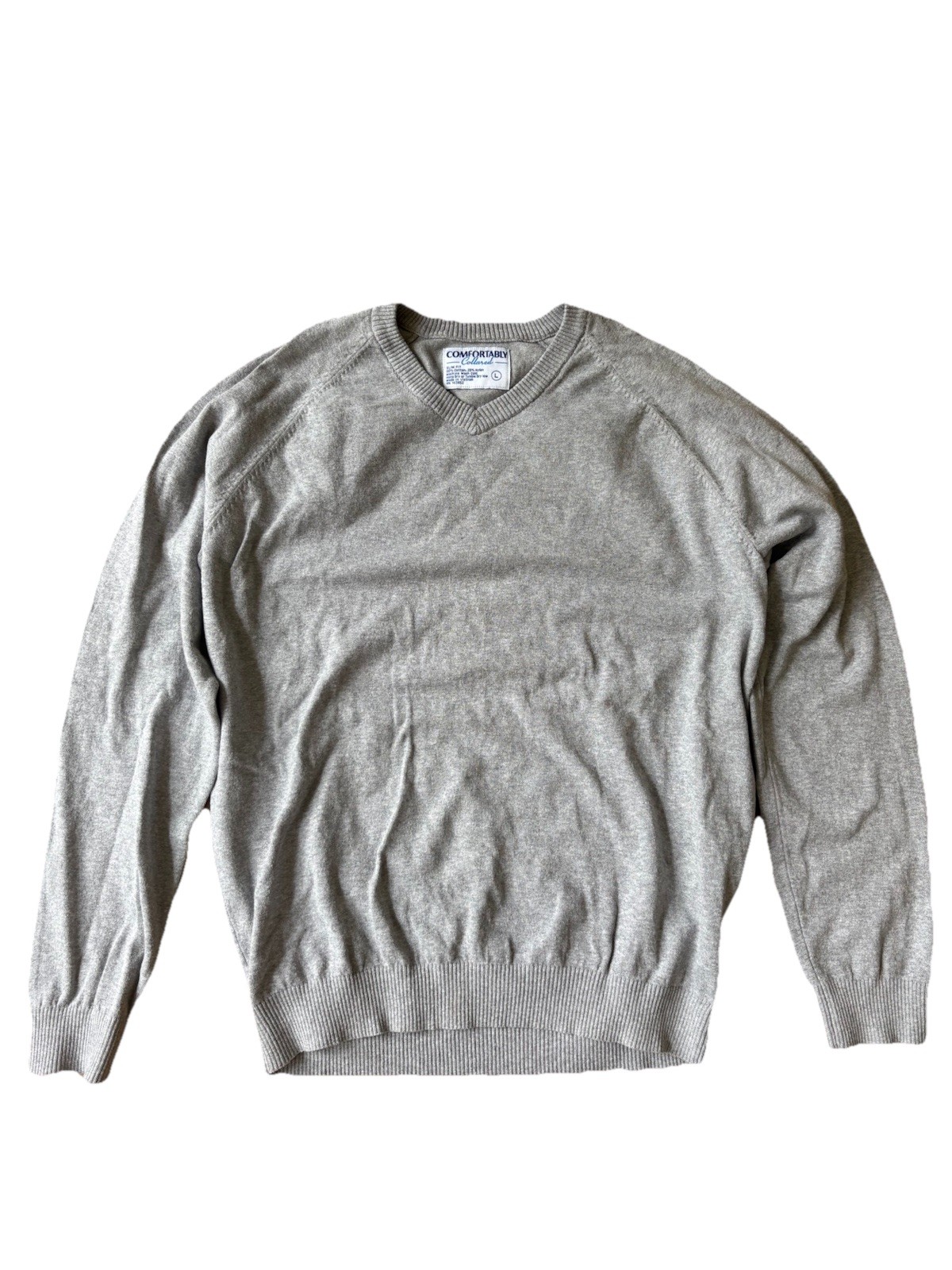 Comfortably Collared Men’s Gray V-Neck Pullover Sweater L Slim Fit Solid Knit