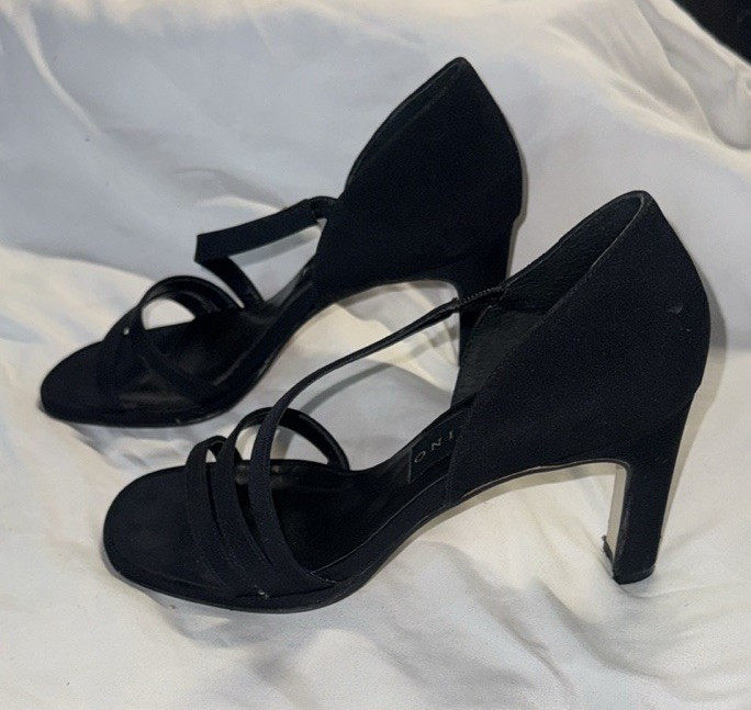 Bandolino Black Faux Leather Strappy Open Toe Slip-On Heels Solid 6.5