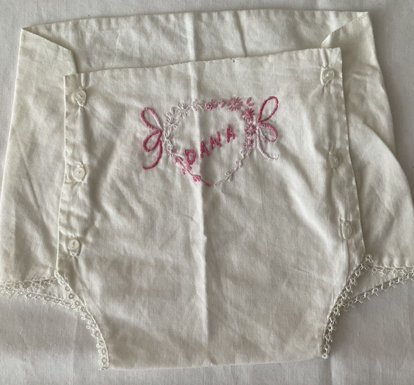 Vintage Baby Diaper Cover White Tatting Button Side Girls Name Dana Embroidered