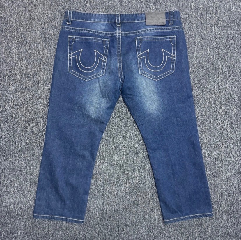 True Religion Men’s Straight Jeans | Blue Denim with White Stitching