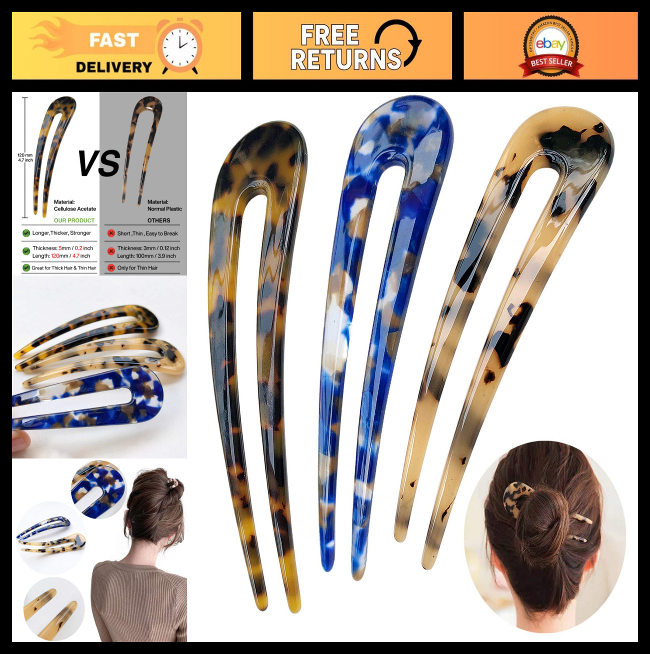 U Shape Tortoise Shell Hair Forks – 3 Pack Vintage Updo Pins for Thin/Thick Hair