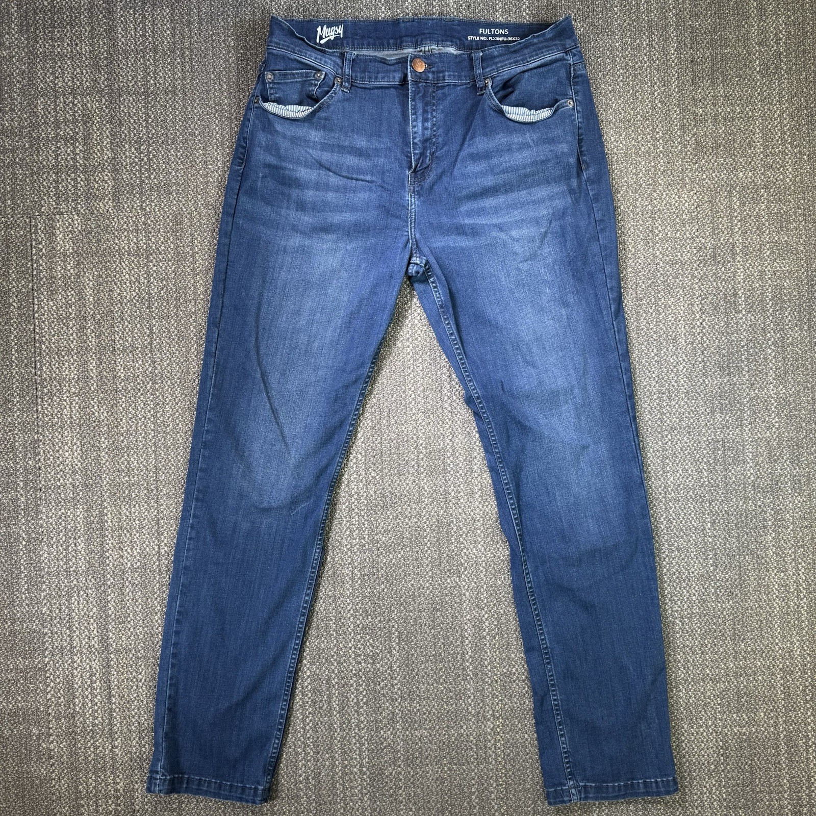 Mugsy Jeans Mens Fits 33×31 Fultons Blue Classic Slim Fit Flex Denim Tag 36×32