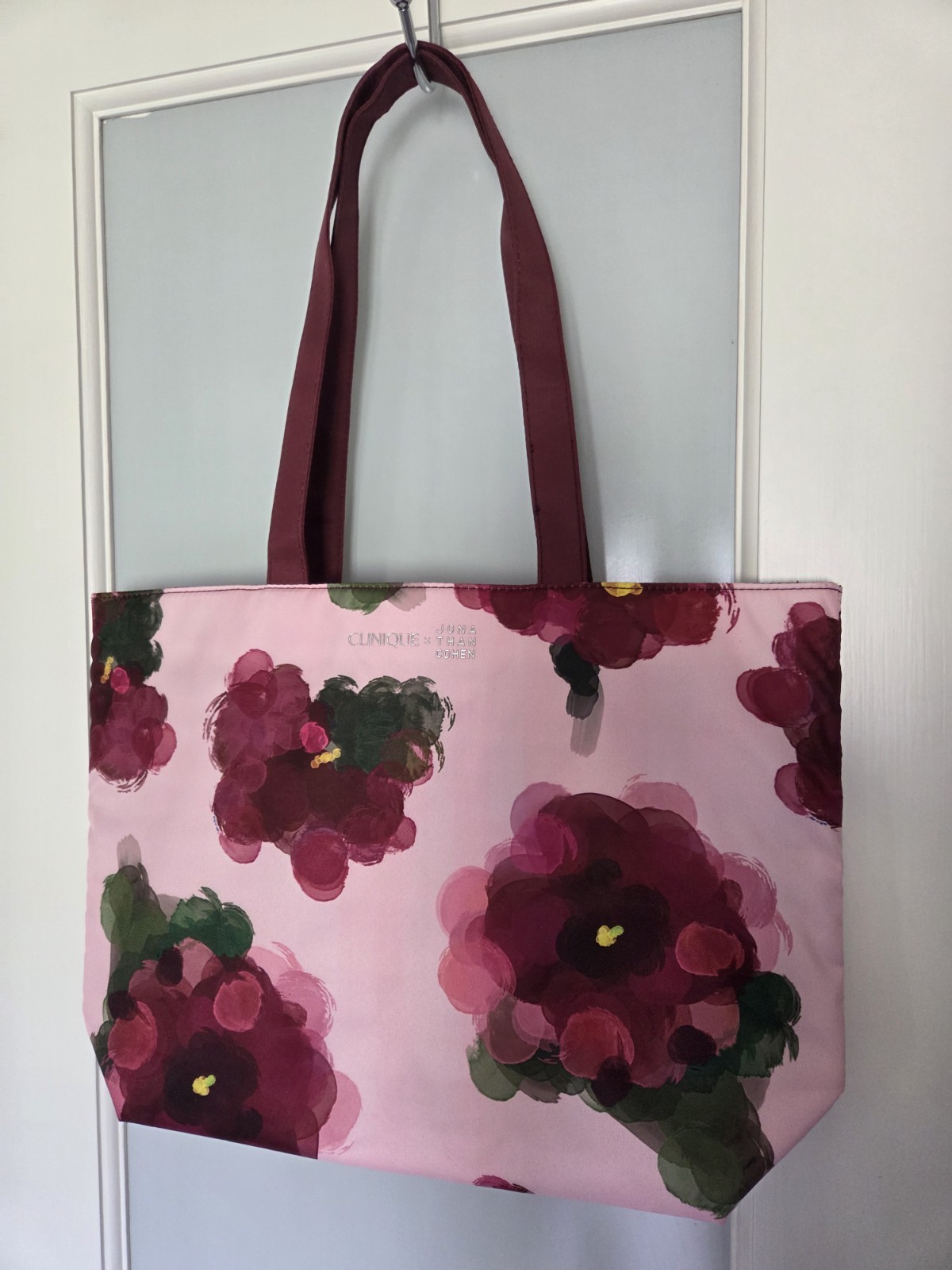 Clinique Pink Floral Tote Bag Burgundy Shoulder Straps Lined Inner Pockets
