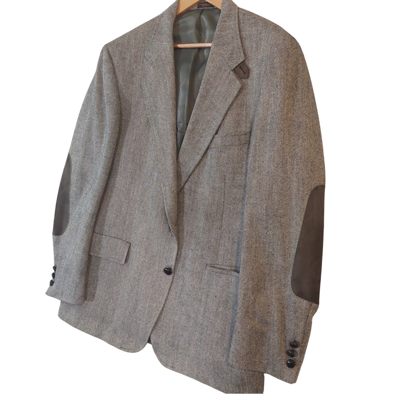 vintage Barons Presidential Herringbone Tweed USA made Jacket Elbow Patches 46R