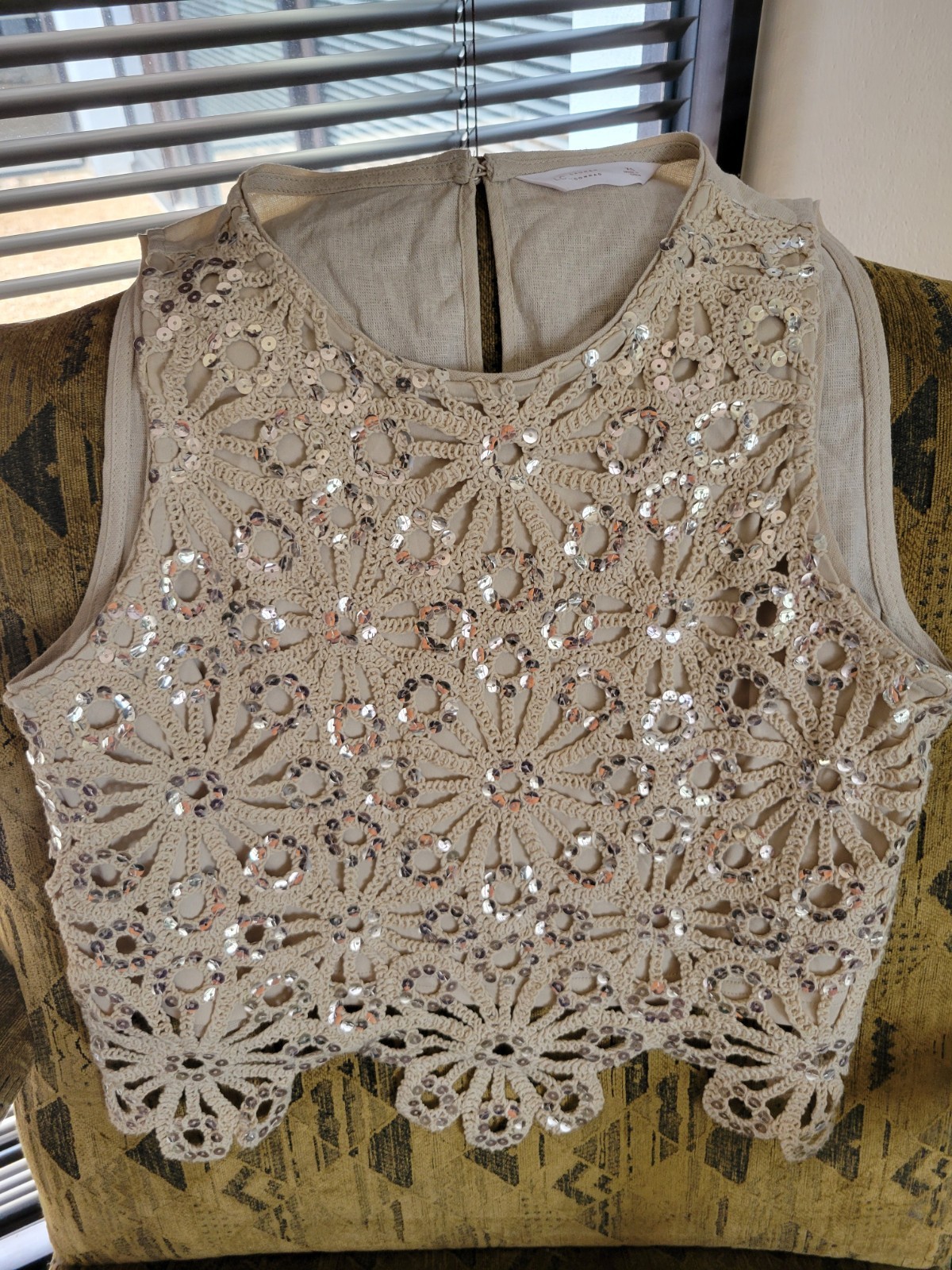 Lauren Conrad Tan Floral Crochet Sequin Sleeveless Tank Glam Boho Linen Blend M