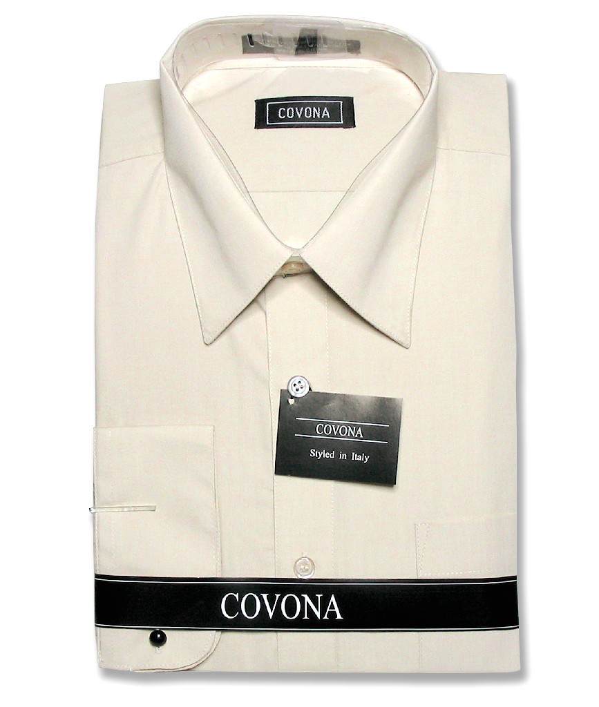Mens Solid Beige Brown Color Dress Shirt with Convertible Cuffs sz 15 1/2 32/33