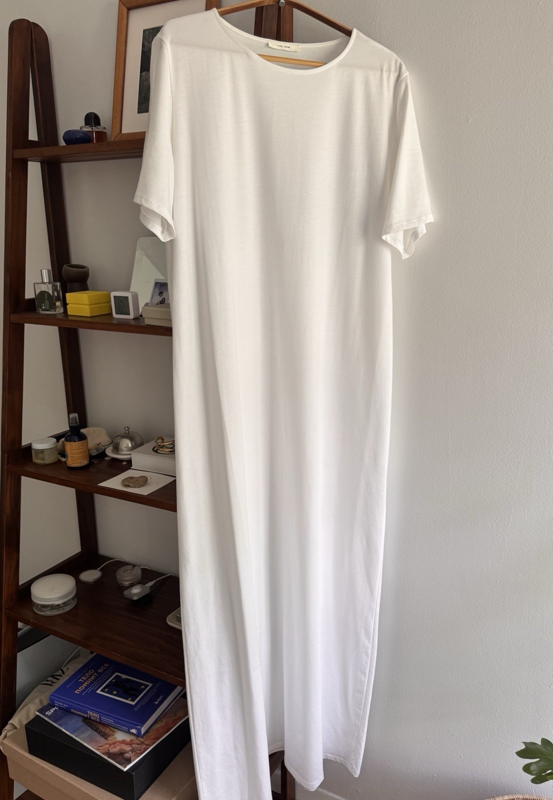 THE ROW White Cotton Knit Lightweight Maxi T-Shirt Dress, Short Sleeve Size L