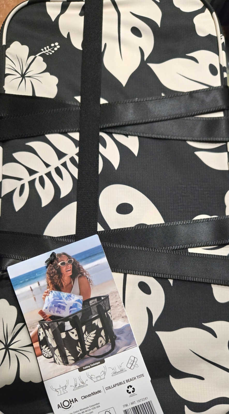 Aloha Collection CleverMade Floral Print Shoulder Tote Black White Zip Closure
