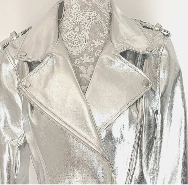 HAODUOYI Women’s Silver Jacket with Zipper cuffs Large