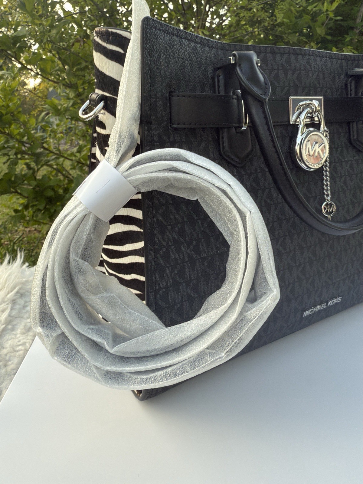 Michael Kors Hamilton Medium Satchel Mk Logo Black Zebra Print Purse