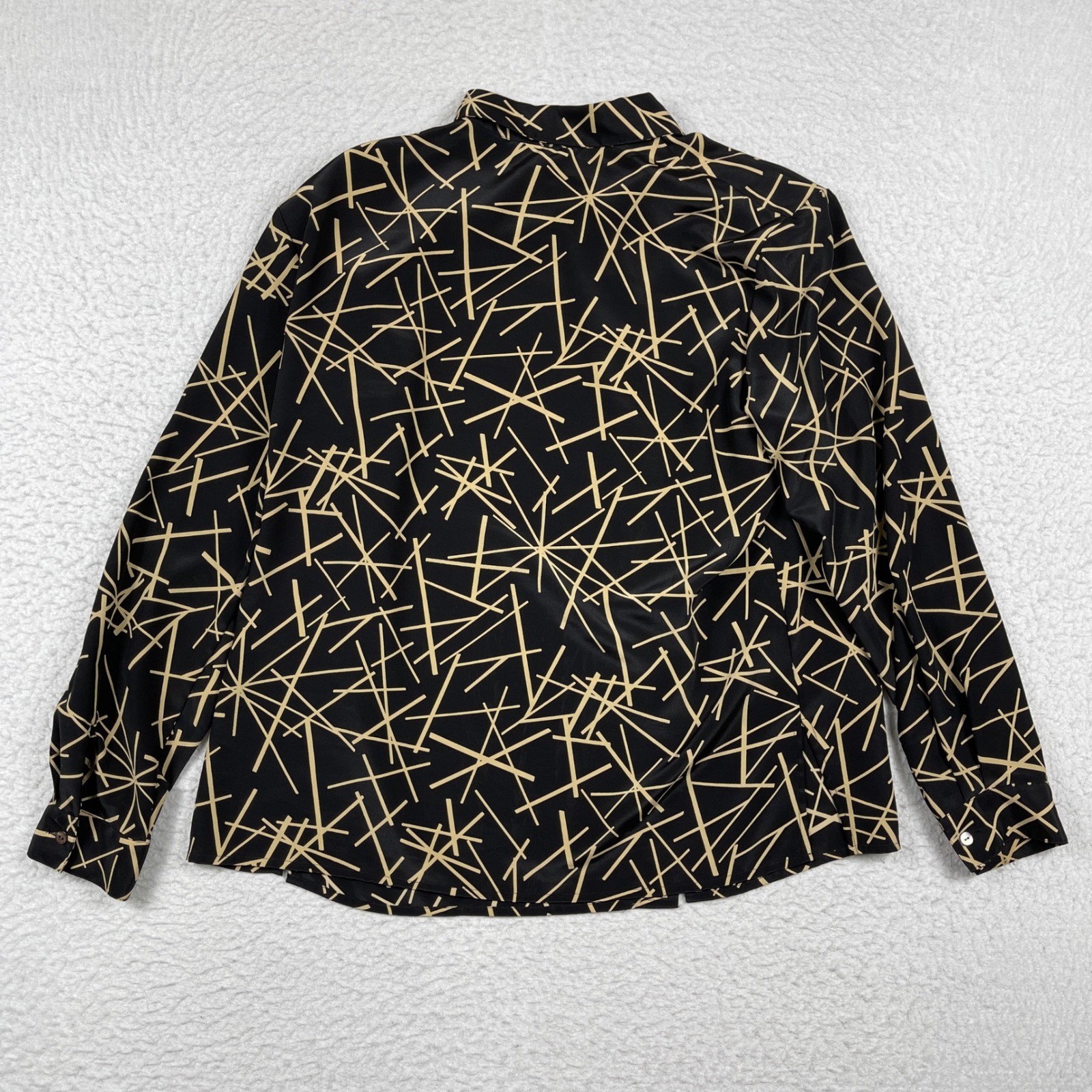 Notations Button Down Blouse Womens XL Black Tan Geometric Linear Shoulder Pads