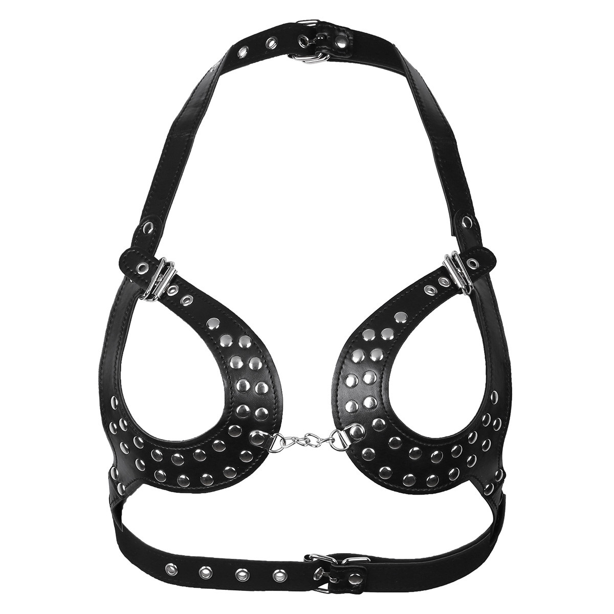 Sexy Womens PU Leather Open Bust Bra LingerieBody Rivets Harness Chain Thong