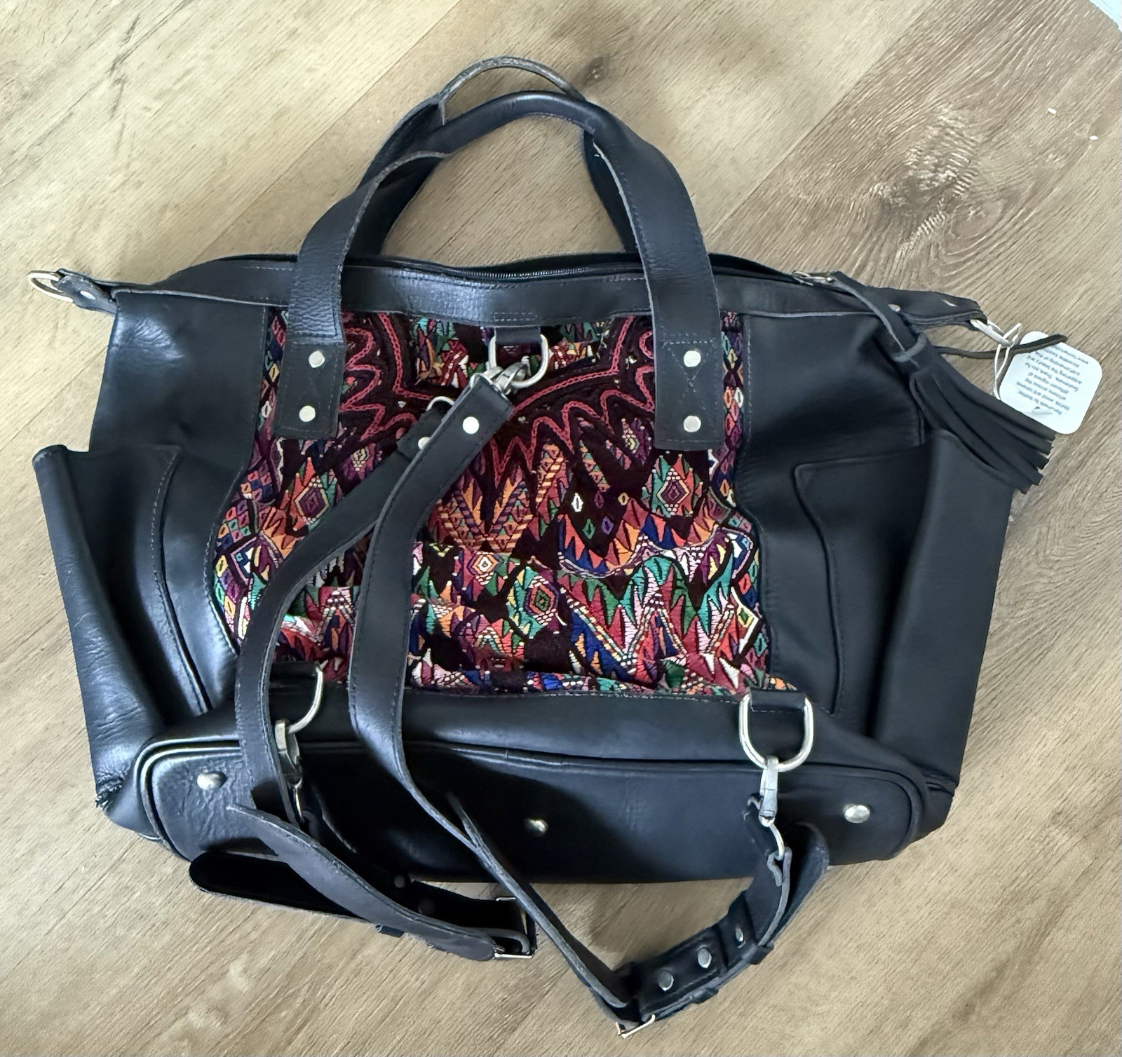 Women’s Black & Multicolor Tote Bag Zip Top Detachable Strap & backpack Pockets