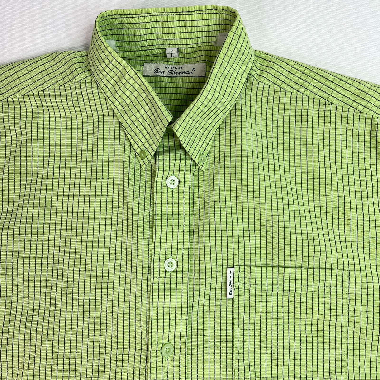 Ben Sherman Shirt L Green Check Short Sleeve Button Down
