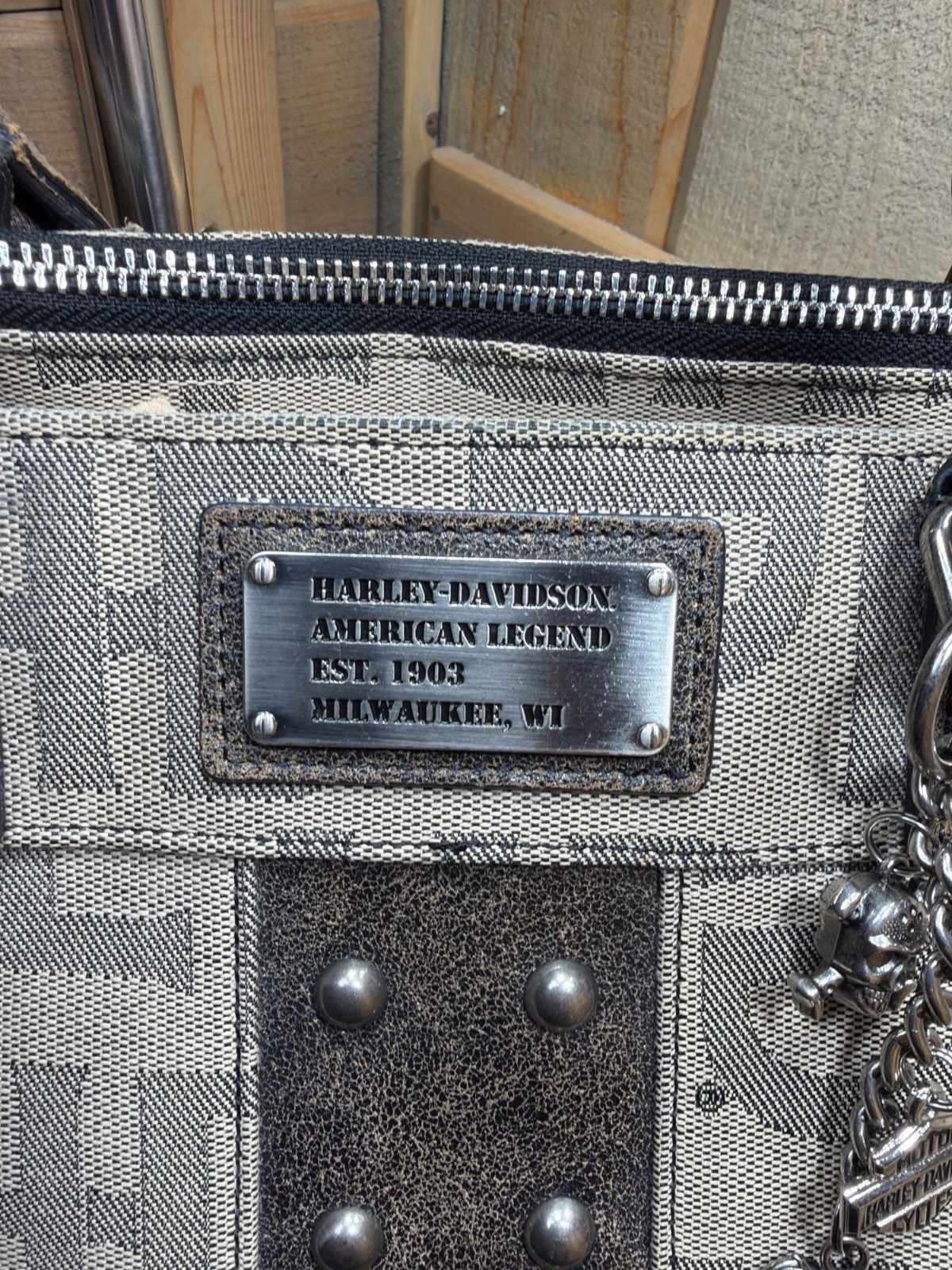 Harley Davidson Jacquard HD Monogram Studded Tote Shoulder Bag Womens Charm