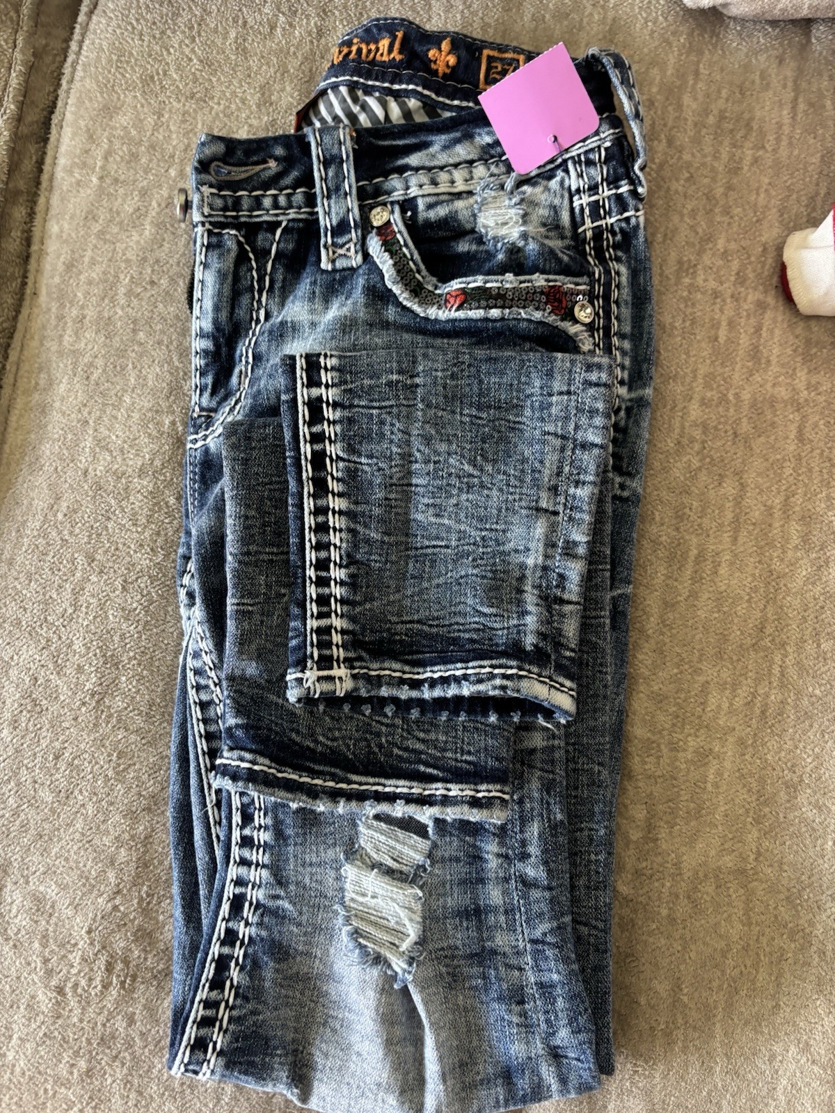 Rock Revival Women’s Skinny Jeans Blue Medium Wash Distressed Stretch Rhinestone
