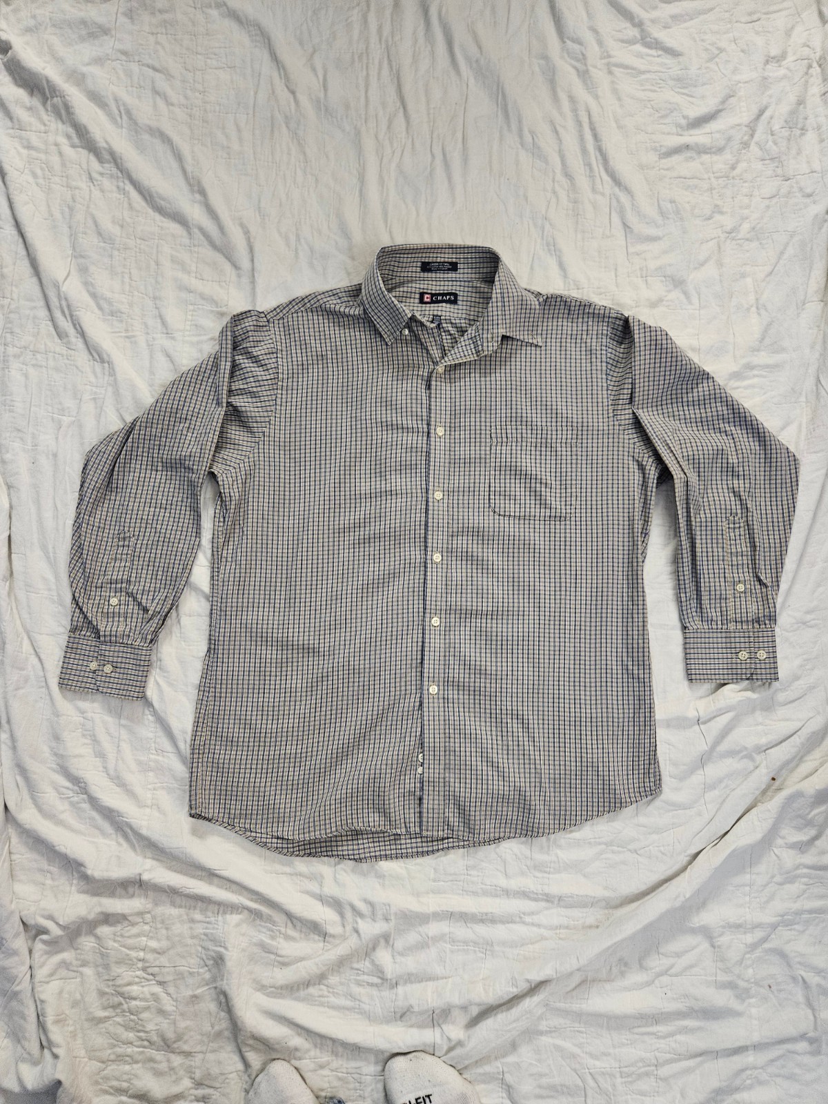 Chaps Mens Dress Shirt 16 16.5 32/33 Classic Fit Twill Plaid Wrinkle Free Blue
