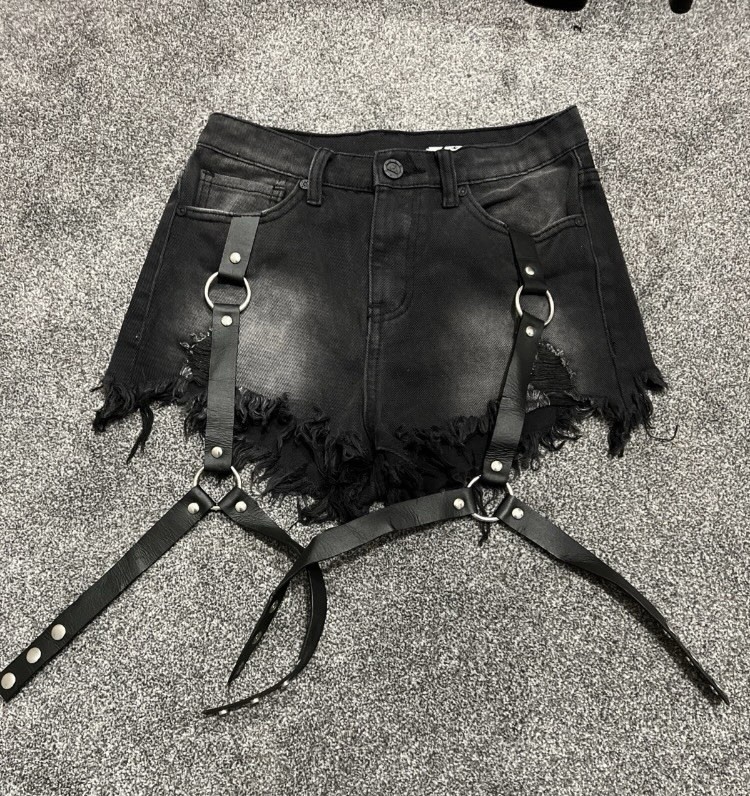 UNIF Harness Black Denim Jean Shorts Women’s 24 XS Garter Straps **Rare Find