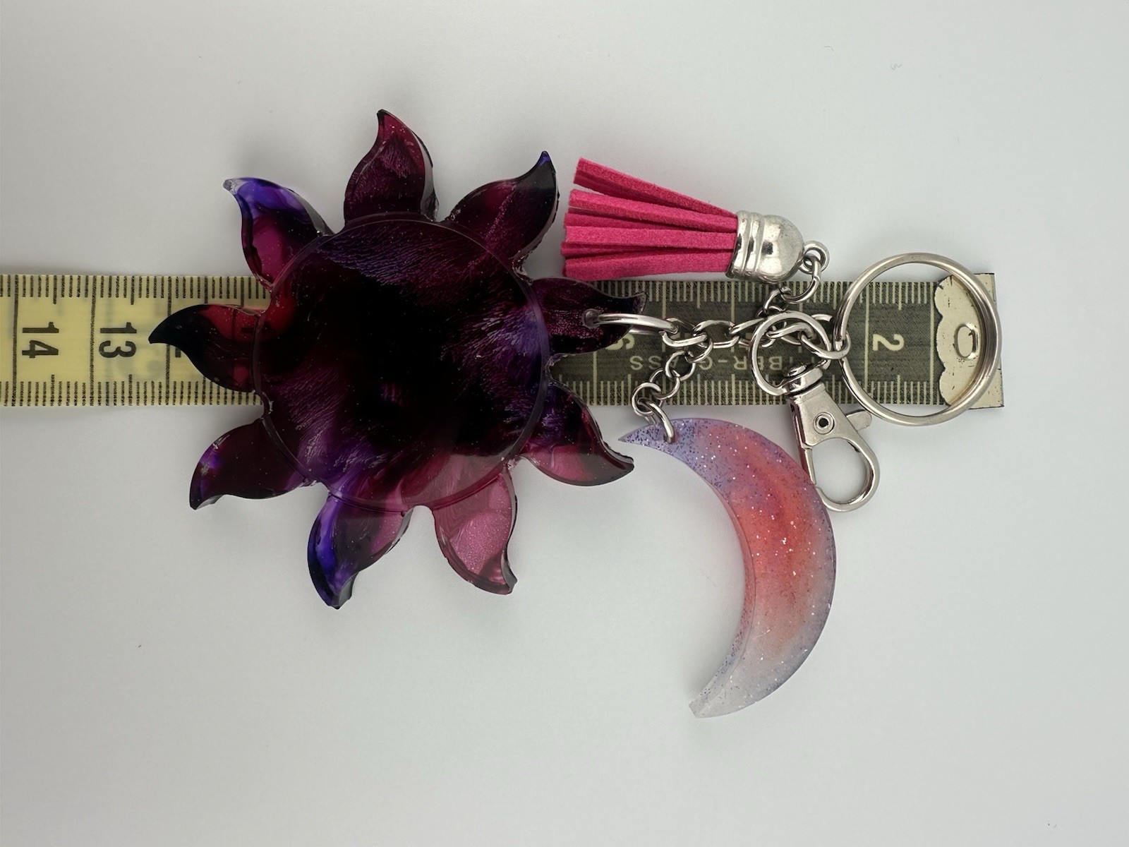 Handmade Purple Galaxy Resin Sun & Moon Keychain Tassel Celestial Bag Charm