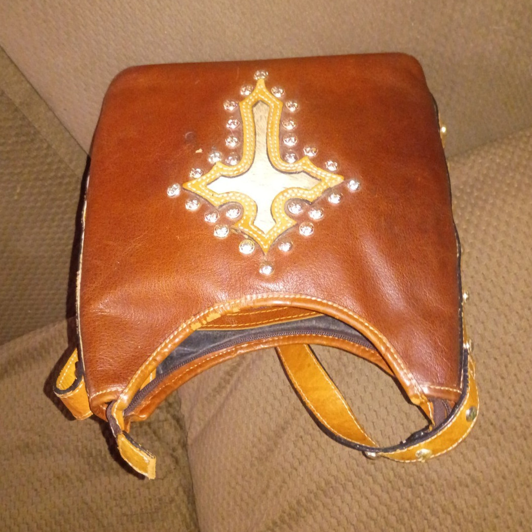 Brown/Tan Western Small Shoulder Bag Studded Cross Design Adjustable Strap Zip