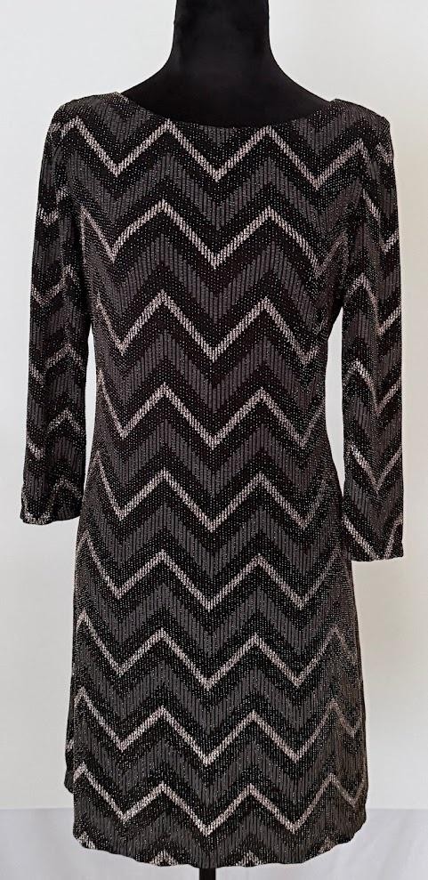 Jessica Howard Dress Womens 12P Black Metallic Chevron Shift 3/4 Sleeve Petite