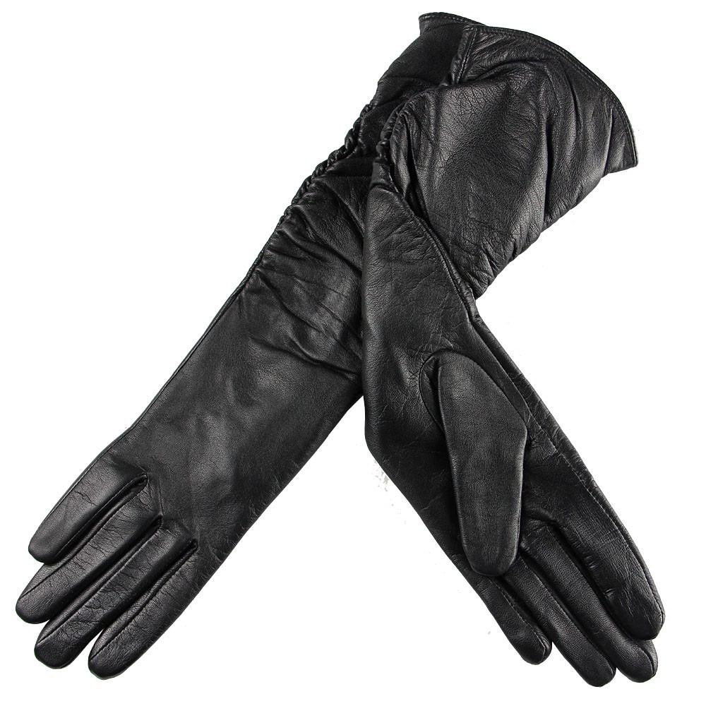 Womens Genuine Nappa Leather Ruched Elbow Long Lined Gloves On Sale #012