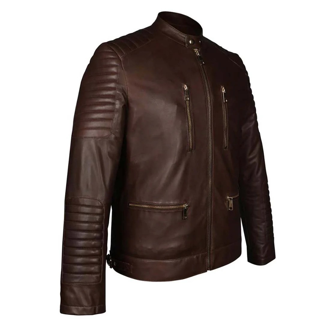 Men’s Genuine Brown Leather Biker Jacket Cafe Racer Motorcycle Quilted Coat