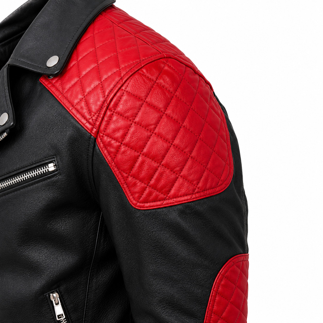 Men’s Black Leather Motorcycle Biker Jacket Red Quilted Slim Fit S-3XL