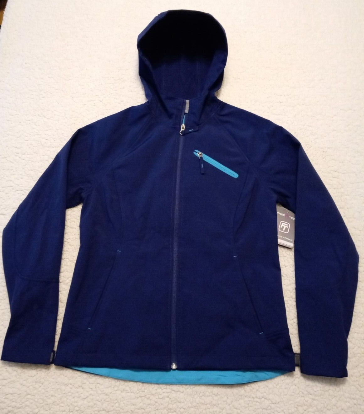 FREE TECH women’s blue water-resistant LS hooded performance jacket S-4/6 – NWT