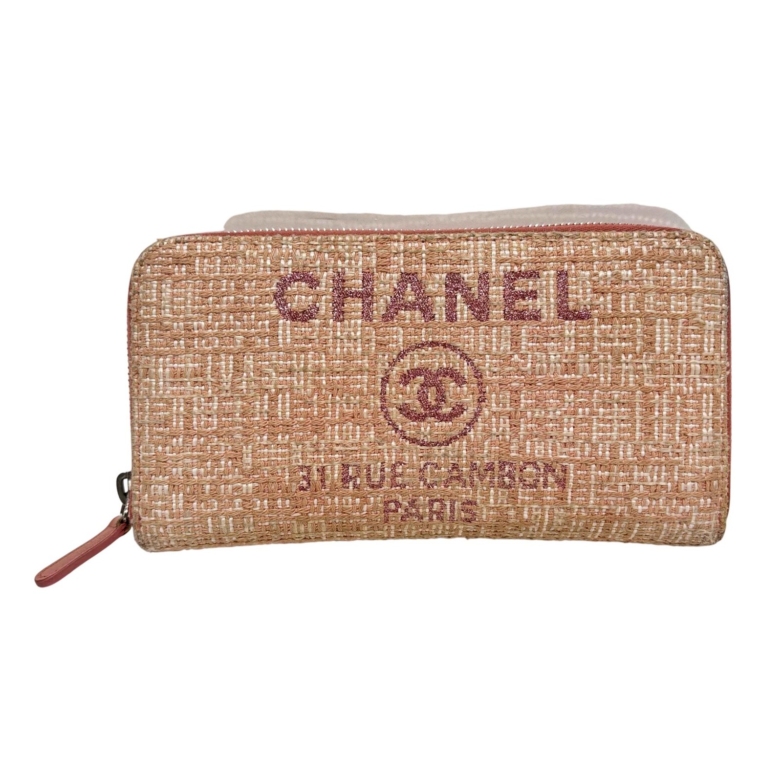 CHANEL Deauville Pink Tweed/Lurex Long Zip Wallet – 3.35″ x 6.5″ x 0.79″