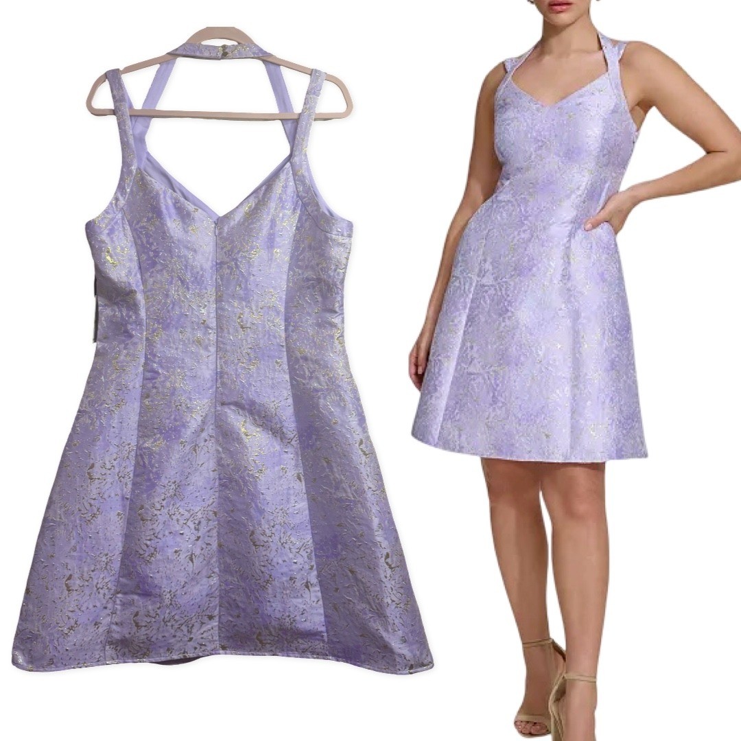 KENSIE Halter Neck Dress A-Line Purple Sz 12 Large Jacquard Metallic Sleeveless