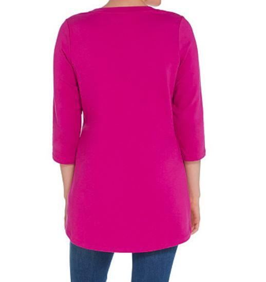 Denim & Co Essentials French Terry 3/4-Sleeve Hi-Low Tunic- Purple Pink, XXS
