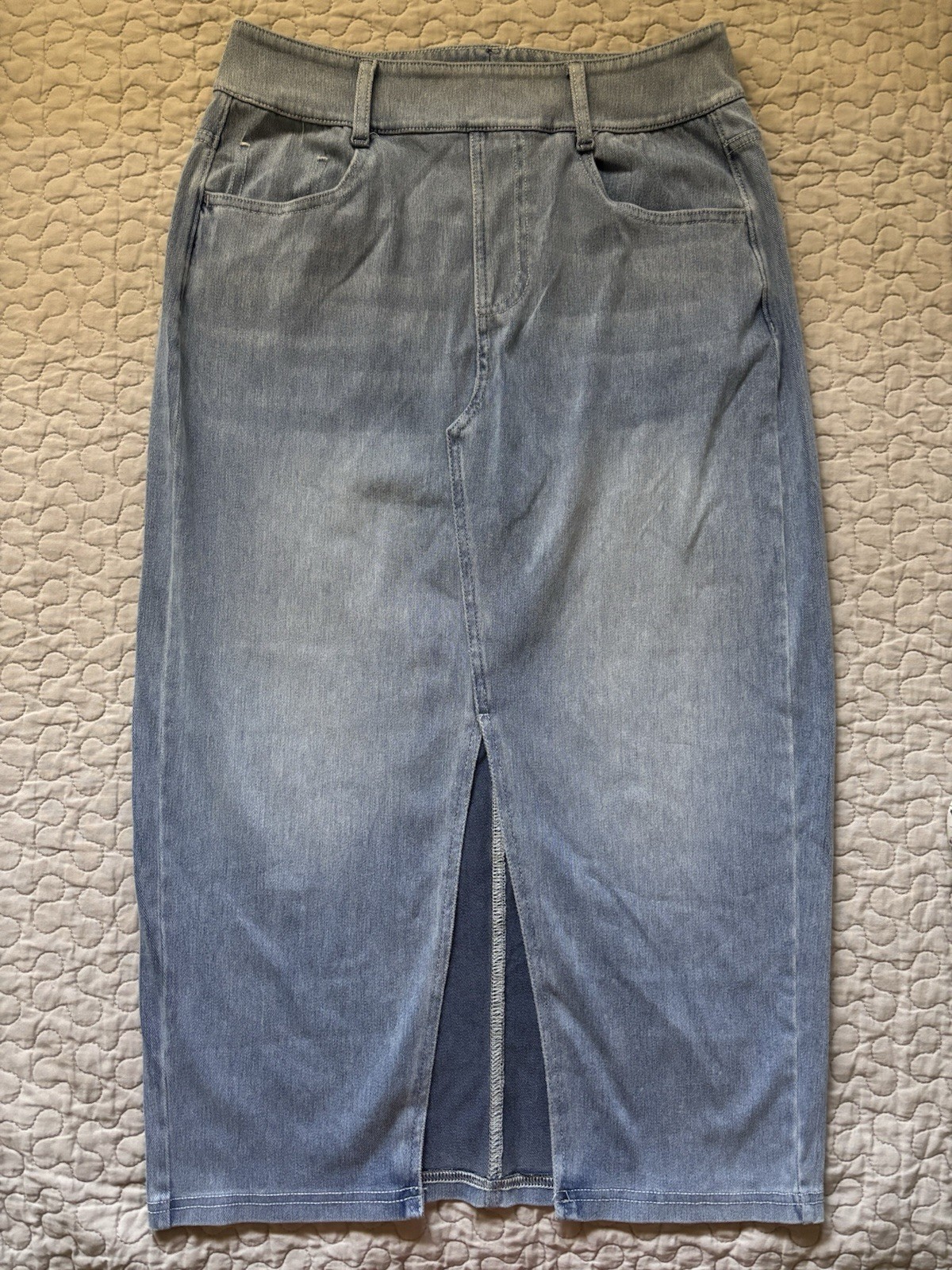 Halara Blue Gray Denim High Rise Pencil Midi Skirt Stretch Pockets Slit S
