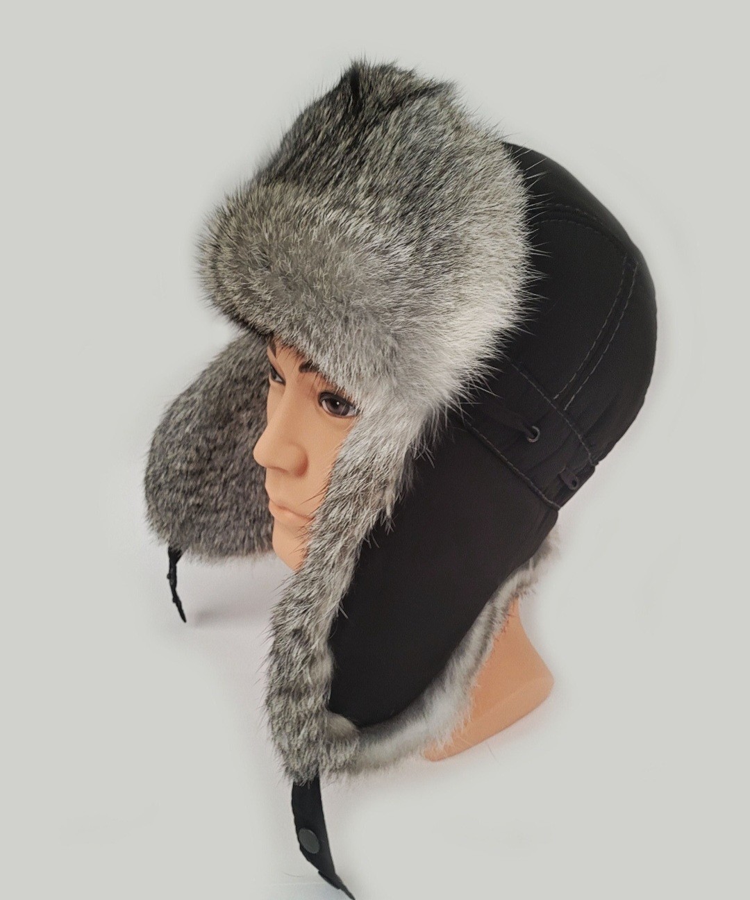 Men Real Fur Ear Flap Hat Ushanka Rabbit Fur Aviator Trapper Hat Unisex 58 cm