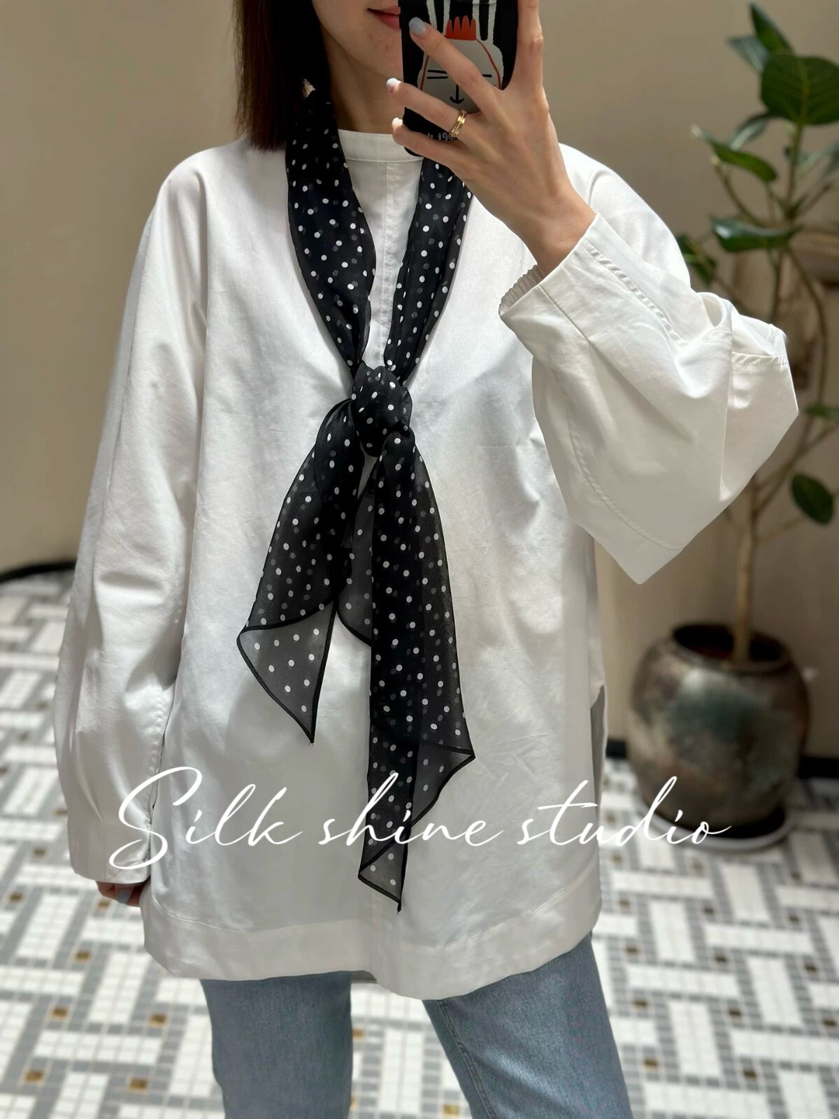 Chic Black & White Polka Dot 100% Silk Scarf -Lightweight 63″x12″ Oblong Summer