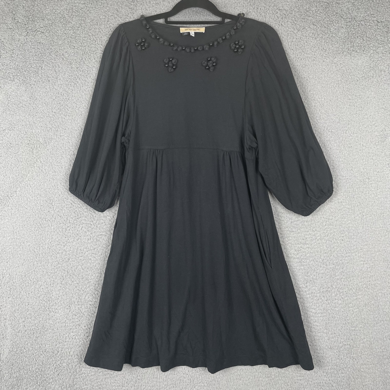 See By Chloe Dress Womens Large Black Floral Bead Embellished Boho Pockets